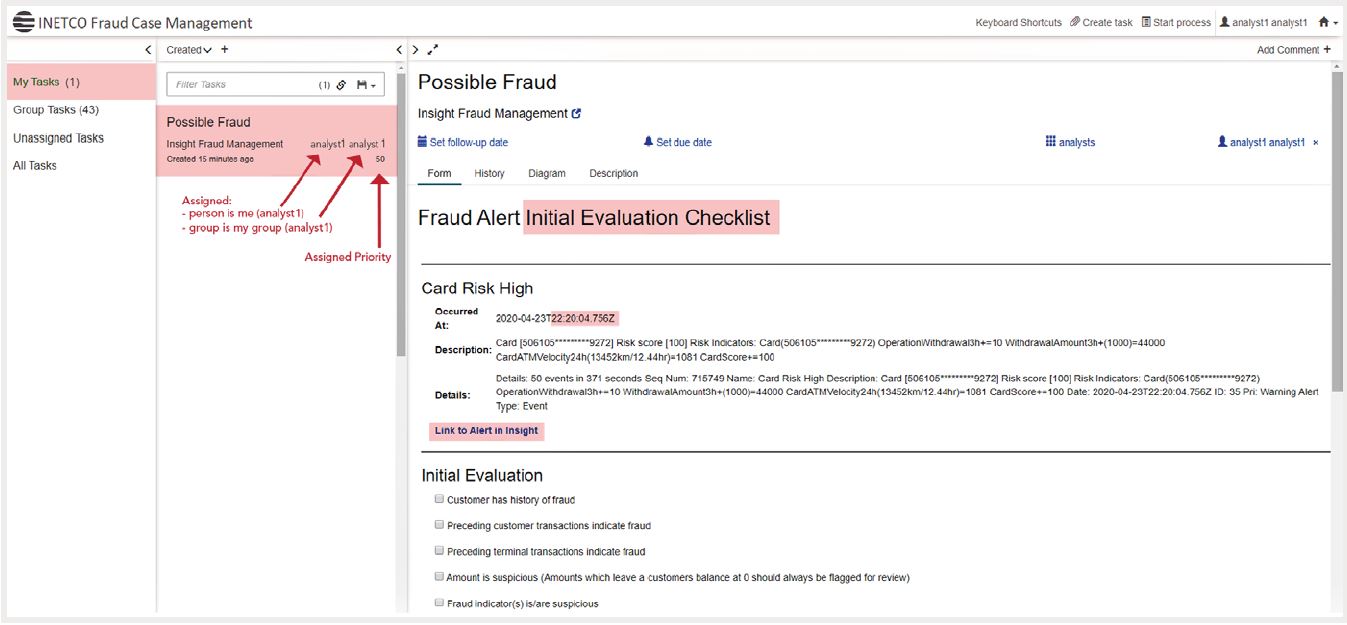A screenshot of INETCO Insight's fraud case management dashboard
